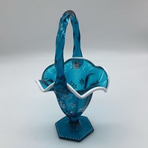 Fenton blue hand painted tall basket. The museum collection 2001.